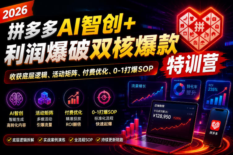 2026拼多多AI智创+利润爆破双核爆款特训营，收获底层逻辑、活动矩阵、付费优化、0-1打爆SOP-钱途社