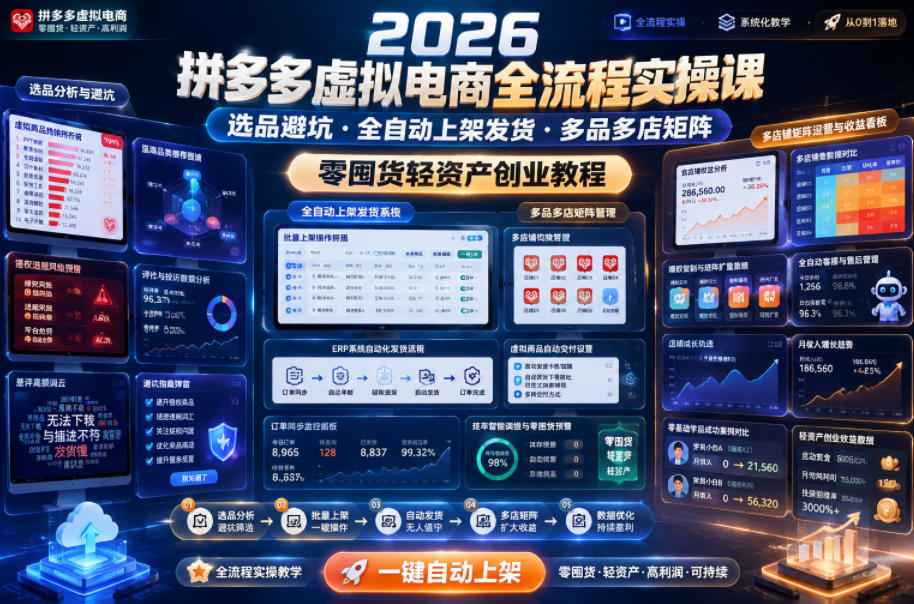 2026拼多多虚拟电商全流程实操课，选品避坑・全自动上架发货・多品多店矩阵，零囤货轻资产创业教程-钱途社