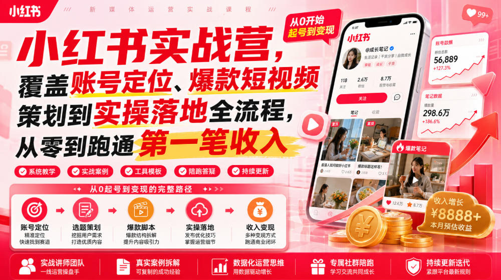 小红书实战营，覆盖账号定位、爆款短视频策划到实操落地全流程，从零到跑通第一笔收入-钱途社