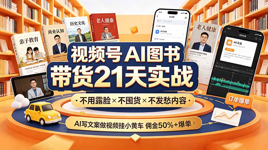 视频号AI图书带货21天实战：不用露脸×不囤货×不发愁内容，AI写文案做视频挂小黄车，佣金50%+爆单-钱途社