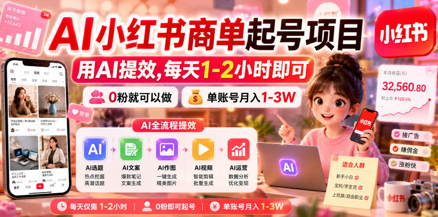 AI小红书商单起号项目，用AI提效,每天1-2小时即可，0粉就可以做，单账号月入1-3W-钱途社