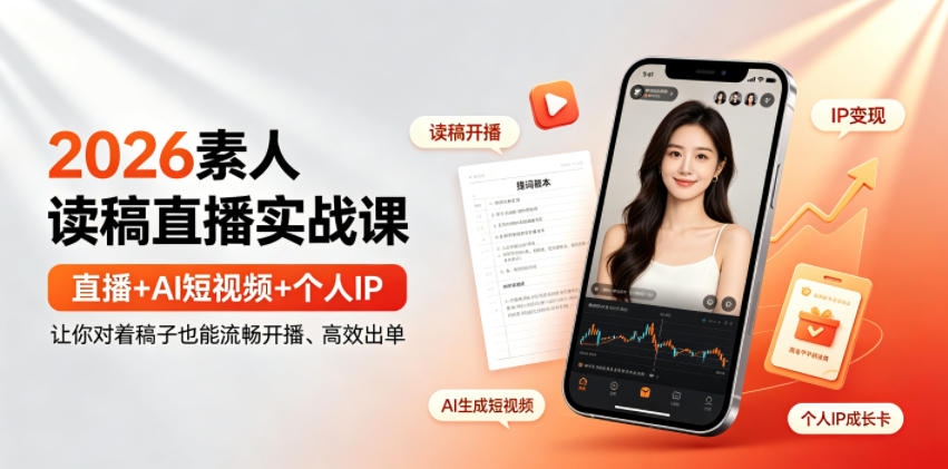 2026素人读稿直播实战课｜直播+AI短视频+个人IP，让你对着稿子也能流畅开播、高效出单-钱途社