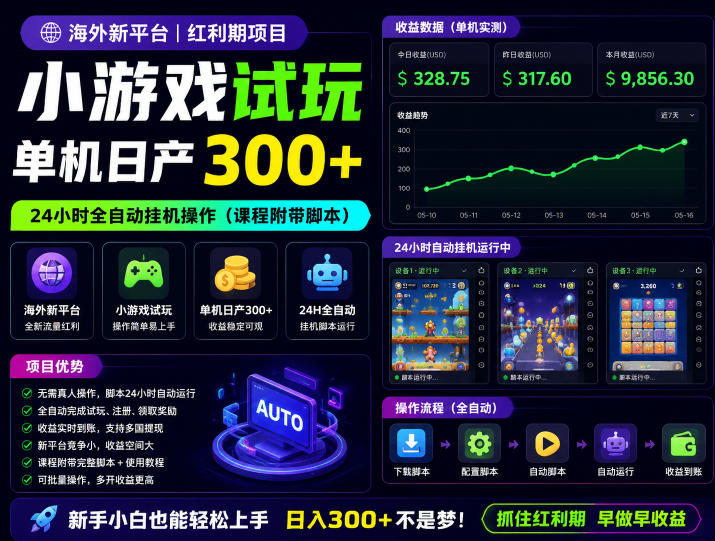 海外新平台，小游戏试玩，单机日产300+，24小时全自动挂G操作（课程附带脚本）【揭秘】-钱途社