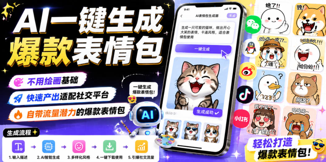 AI一键生成爆款表情包，不用绘画基础，快速产出适配社交平台，自带流量潜力的爆款表情包-钱途社