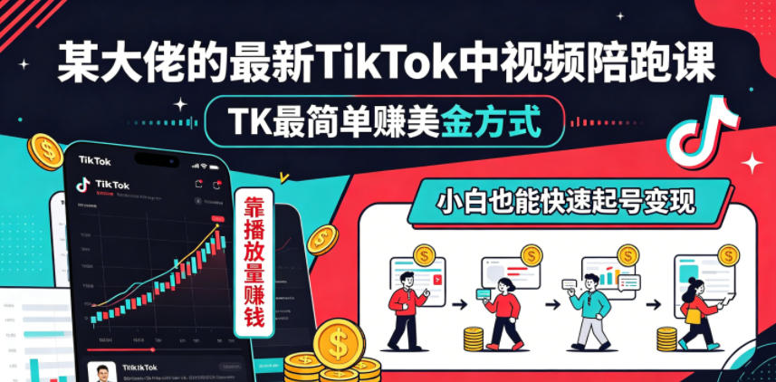 某大佬的最新TikTok中视频陪跑课，TK最简单賺美金方式，靠播放量賺钱，小白也能快速起号变现-钱途社