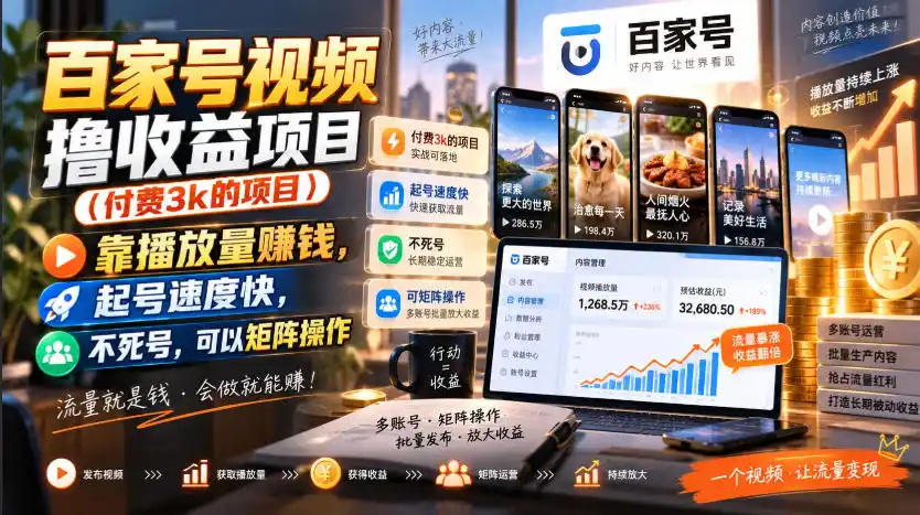 百家号视频撸收益项目(付费3k的项目)，靠播放量賺钱，起号速度快，不死号，可以矩阵操作-钱途社