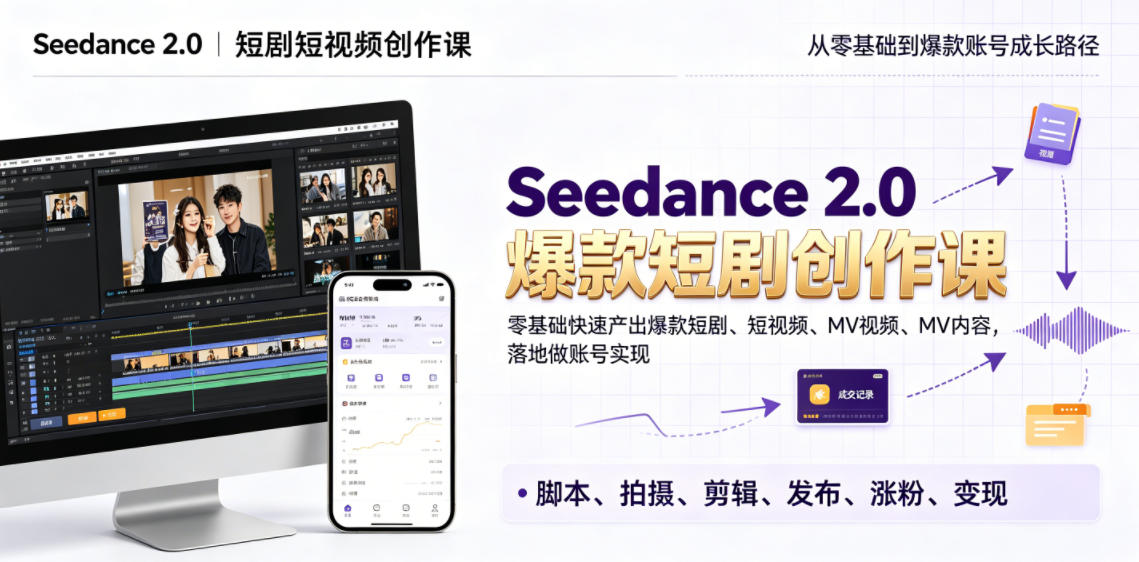 Seedance 2.0短剧短视频创作课，零基础快速产出爆款短剧、短视频、MV内容，落地做账号实现变现-钱途社