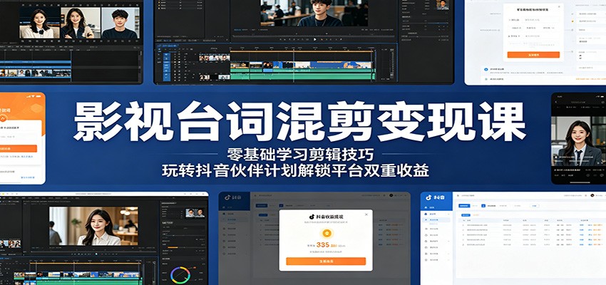 影视台词混剪变现课：零基础学习剪辑技巧，玩转抖音伙伴计划解锁平台双重收益-钱途社
