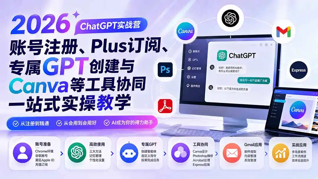 2026 ChatGPT实战营；账号注册、Plus订阅、专属GPT创建与Canva等工具协同一站式实操教学-钱途社