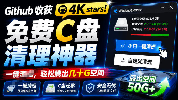 Github收获4K stars！免费C盘清理神器，轻松腾出几十G空间，支持C盘迁移Windows Cleaner-钱途社