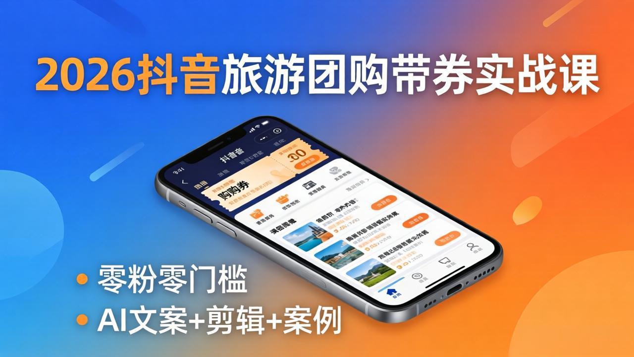 2026抖音旅游团购带券实战课：零粉零门槛，AI文案+剪辑+案例，躺着赚门票佣金-钱途社