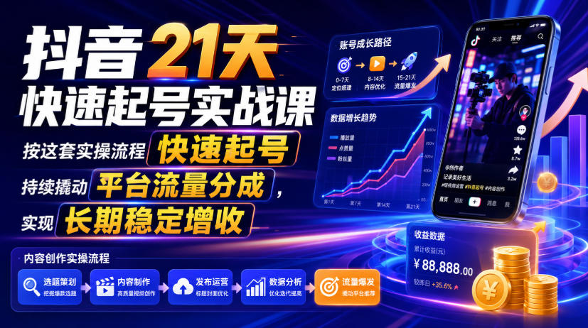 抖音21天快速起号实战课，按这套实操流程快速起号，持续撬动平台流量分成，实现长期稳定增收-钱途社