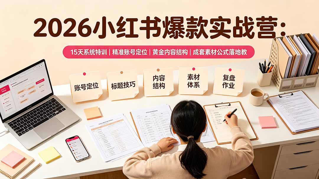2026小红书爆款实战营：15天系统特训｜精准账号定位｜黄金内容结构｜成套素材公式落地教程-钱途社