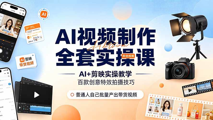 （19200期）AI视频制作全套实操课，多款AI工具搭配剪映教学，百种特效运镜拍摄实操，抖音账号带货运营全覆盖-钱途社