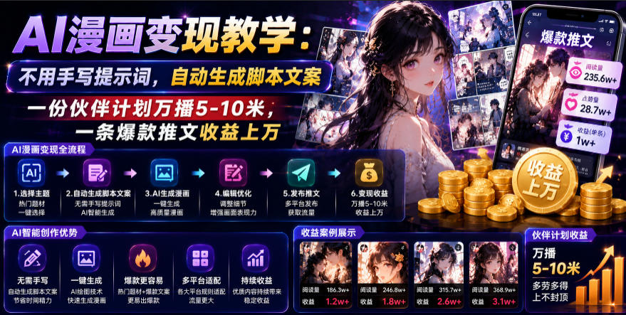 AI漫画变现教学：不用手写提示词，自动生成脚本文案，一份伙伴计划万播5-10米，一条爆款推文收益上W-钱途社