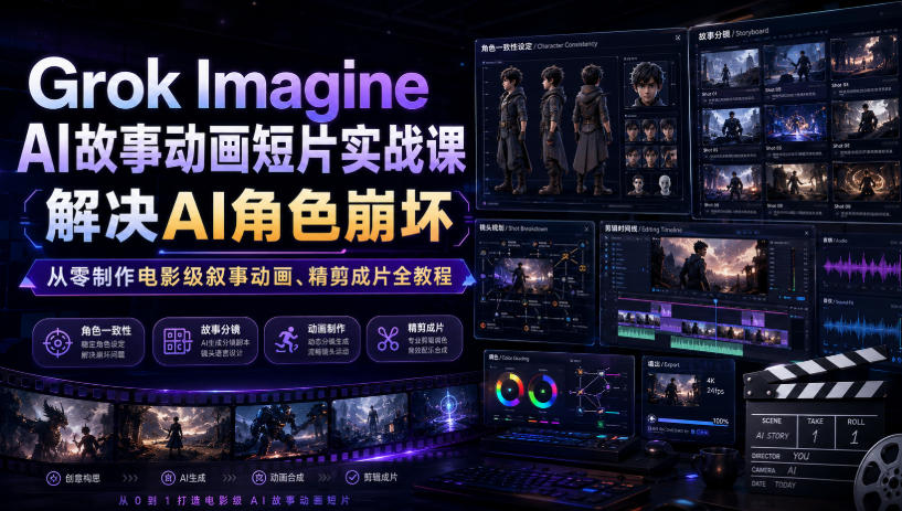 Grok Imagine AI故事动画短片实战课｜解决AI角色崩坏，从零制作电影级叙事动画、精剪成片全教程(中英字幕)-钱途社
