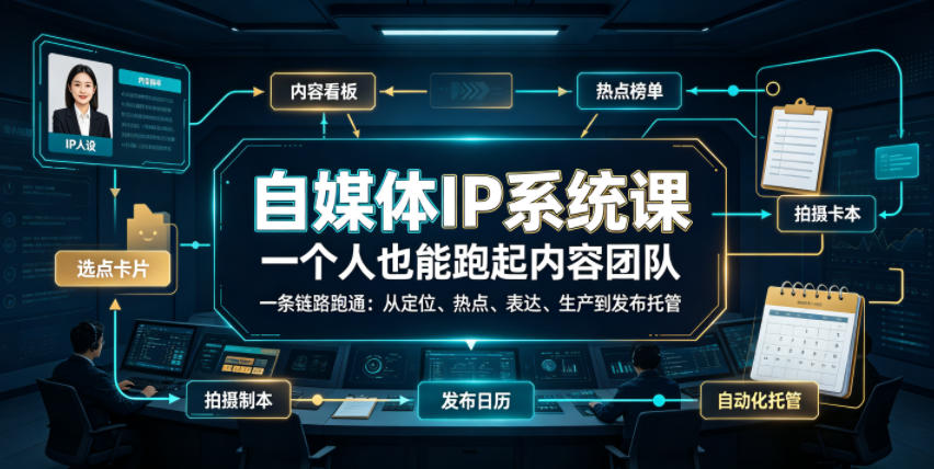 自媒体IP系统课，一个人也能跑起内容团队，一条链路跑通，从定位、热点、表达、生产到发布托管-钱途社
