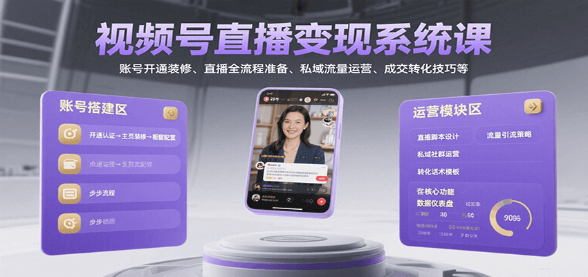 视频号直播变现系统课，账号开通装修、直播全流程准备、私域流量运营、成交转化技巧等-钱途社