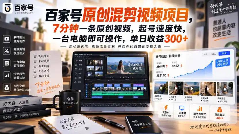 百家号原创混剪视频项目，7分钟一条原创视频，起号速度快，一台电脑即可操作，单日收益300+-钱途社