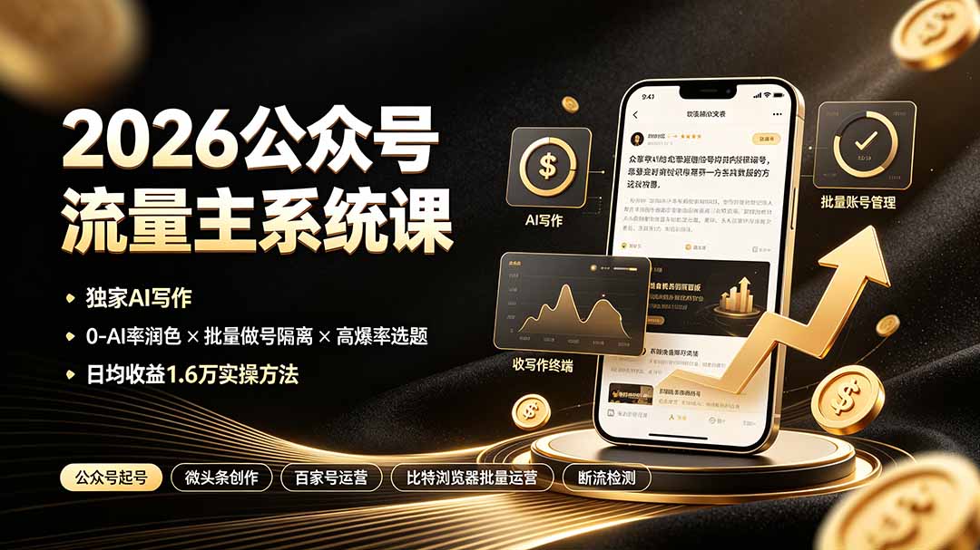 2026公众号流量主系统课：独家AI写作×0-AI率润色×批量做号隔离×高爆率选题，日均收益1.6万实操方法-钱途社