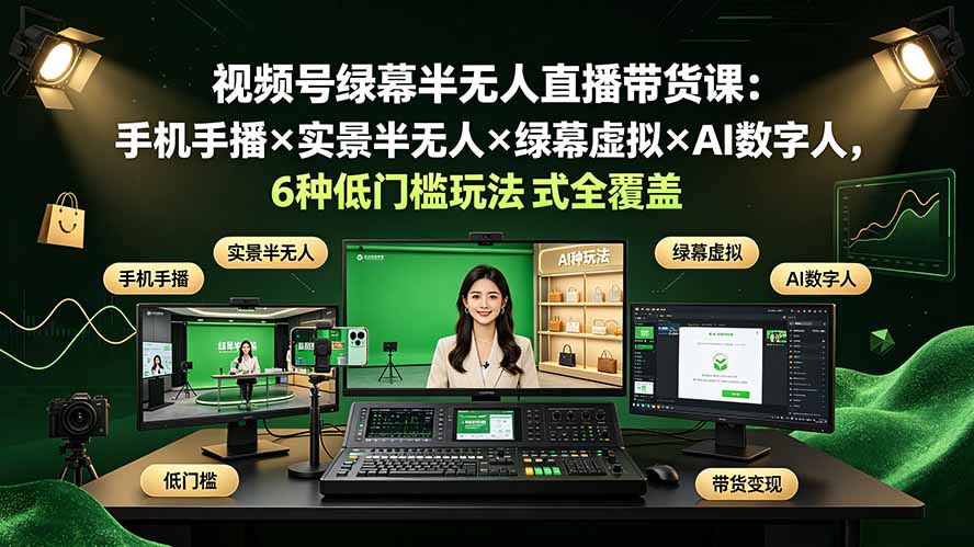 视频号绿幕半无人直播带货课：手机手播×实景半无人×绿幕虚拟×AI数字人，6种低门槛玩法全覆盖-钱途社