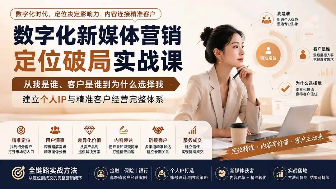 数字化新媒体营销定位破局实战课：从我是谁、客户是谁到为什么选择我，建立个人IP与精准客户经营完整体系-钱途社
