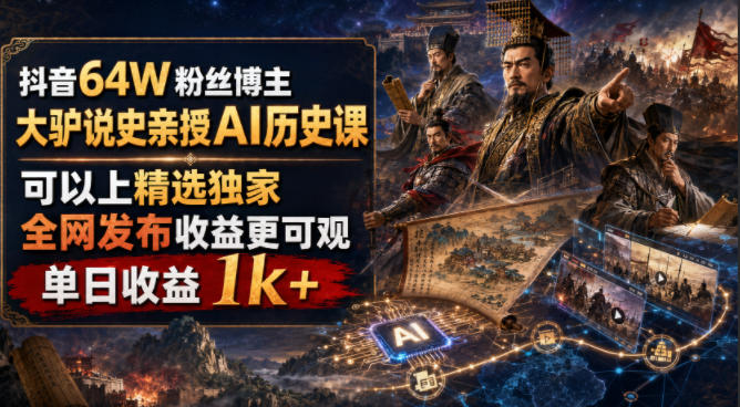 抖音64W粉丝博主大驴说史亲授AI历史课，可以上精选独家，全网发布收益更可观，单日收益1k+-钱途社
