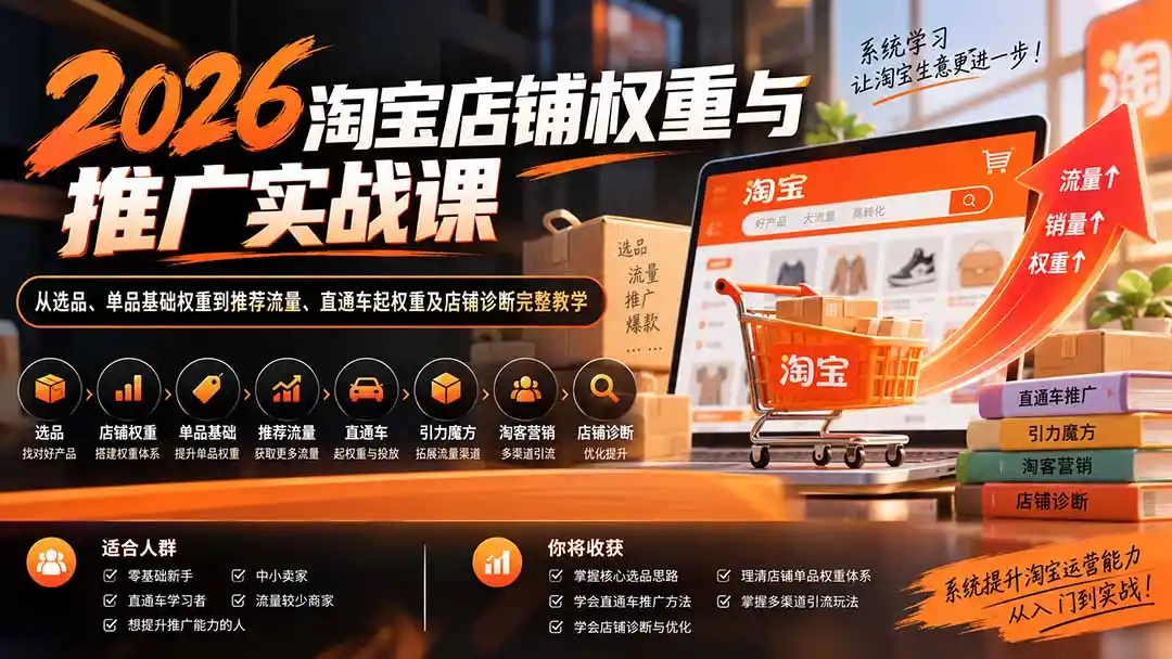 2026淘宝店铺权重与推广实战课：从选品、单品基础权重到推荐流量、直通车起权重及店铺诊断完整教学-钱途社