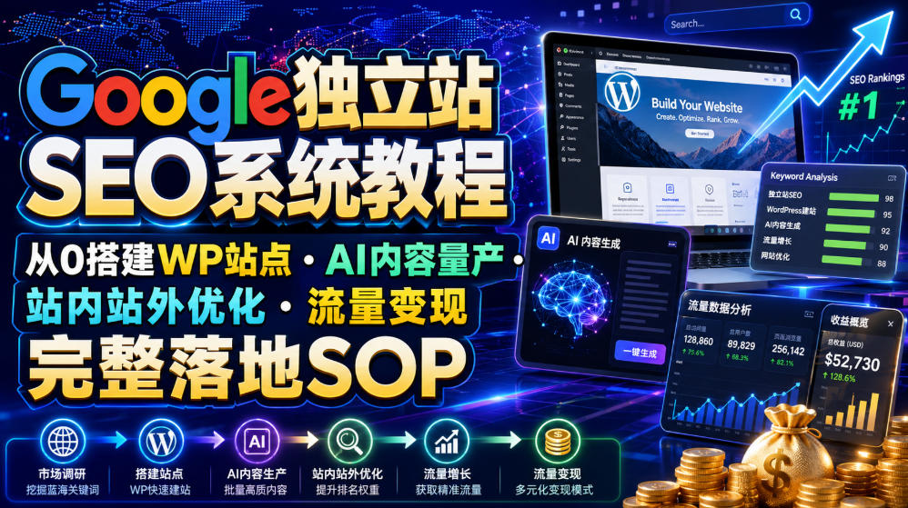 Google独立站SEO系统教程，从0搭建WP站点・AI内容量产・站内站外优化・流量变现完整落地SOP(2026年7月)-钱途社