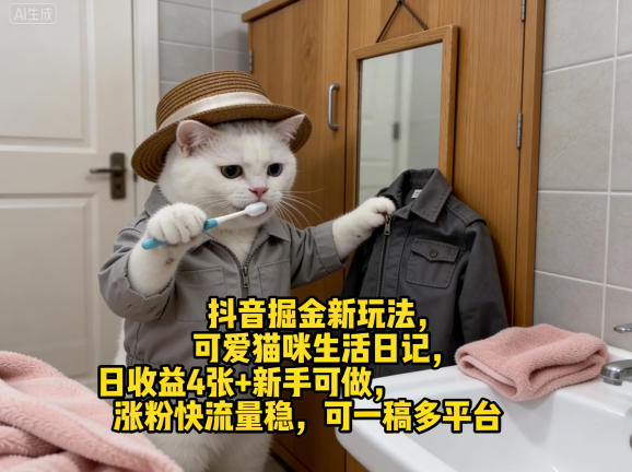 抖音掘金新玩法,可爱猫咪生活日记,日收益4张+新手可做,涨粉快流量稳,可一稿多平台-钱途社