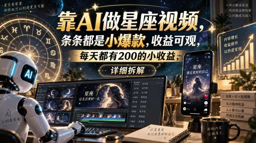 靠AI做星座视频，条条都是小爆款，收益可观，每天都有200的小收益，详细拆解-钱途社