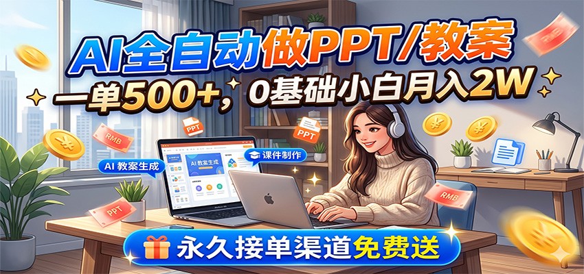 AI全自动做PPT/教案，一单500+，0基础小白月入2W，永久接单渠道免费送-钱途社
