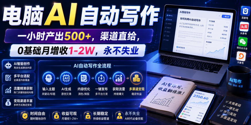 电脑AI自动写作，一小时产出500+，渠道直给，0基础月增收1-2W，永不失业【揭秘】-钱途社