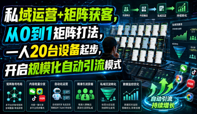 私域运营+矩阵获客，从0到1矩阵打法，一人20台设备起步，开启规模化自动引流模式！-钱途社