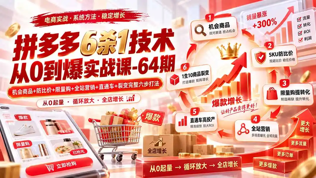 拼多多6杀1技术从0到爆实战课-64期：机会商品+防比价+限量购+全站营销+直通车+裂变完整六步打法-钱途社