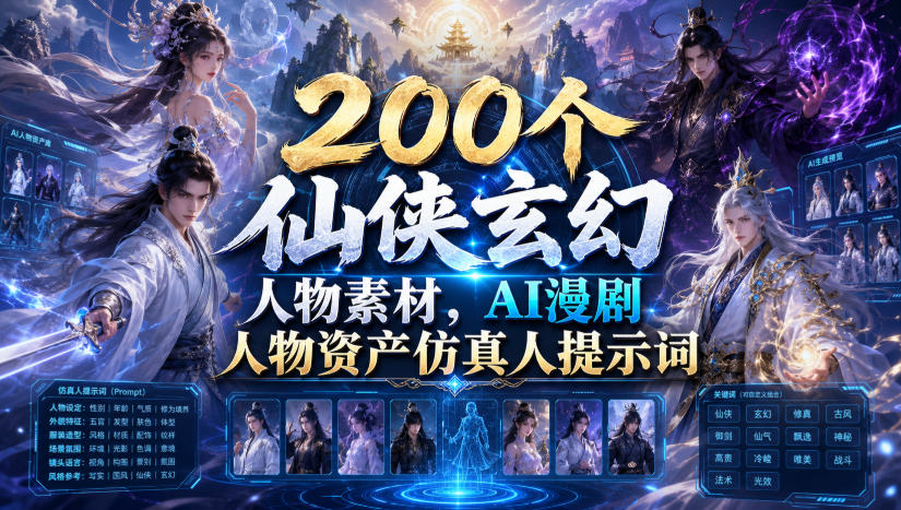 200个仙侠玄幻人物素材，AI漫剧人物资产仿真人提示词-钱途社