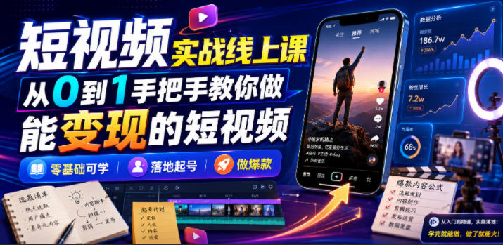 短视频实战线上课，从0到1手把手教你做能变现的短视频，零基础可学，落地起号做爆款-钱途社