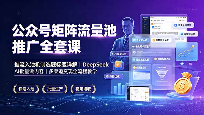 公众号矩阵流量池推广全套课，推流入池机制选题标题详解，DeepSeek AI批量做内容，多渠道变现全流程教学-钱途社