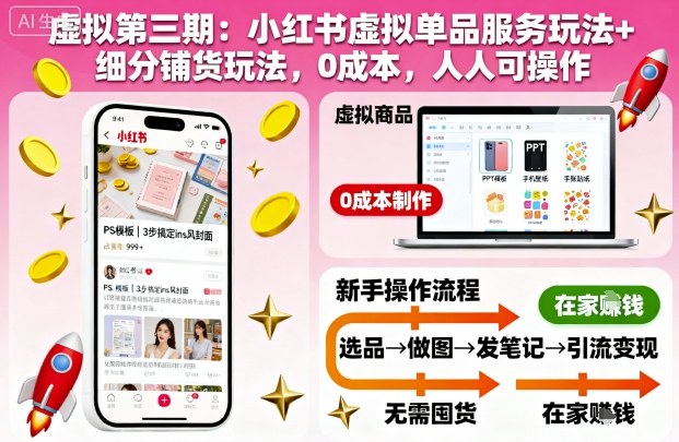 虚拟第三期：小红书虚拟单品服务玩法+细分铺货玩法，0成本，人人可操作-钱途社