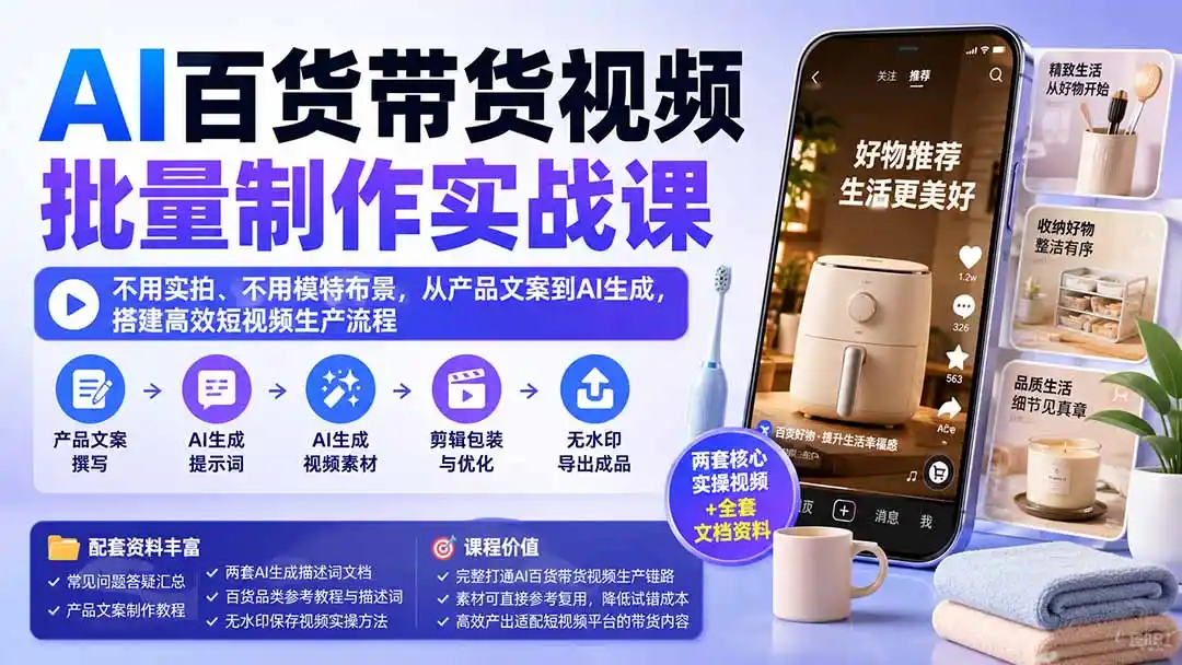AI百货带货视频批量制作实战课：不用实拍、不用模特布景，从产品文案到AI生成，搭建高效短视频生产流程-钱途社