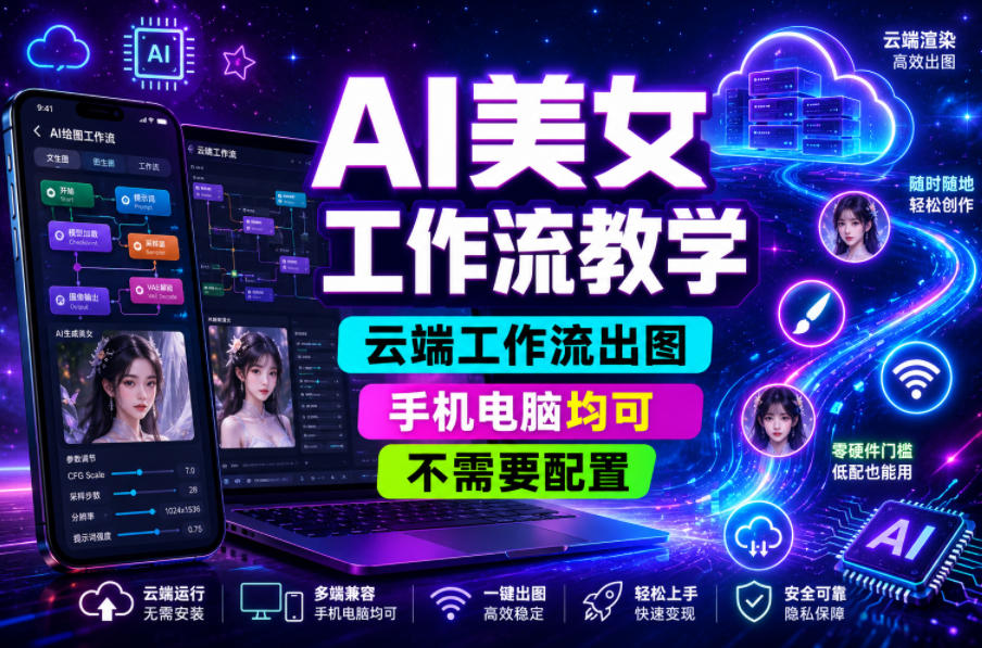 AI美女工作流教学，云端工作流出图，手机电脑均可，不需要配置，快速起号涨粉-钱途社