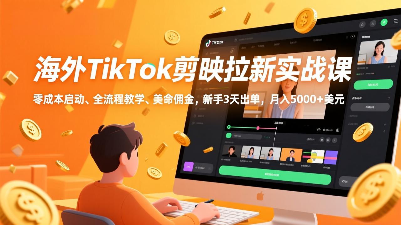 海外TikTok剪映拉新实战课，零成本启动、全流程教学、美金佣金，新手3天出单，月入5000+美元-钱途社
