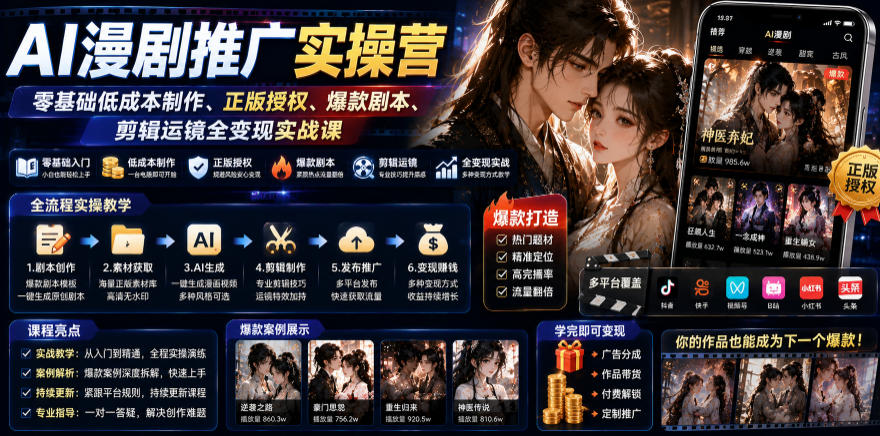 AI漫剧推广实操营｜零基础低成本制作、正版授权、爆款剧本、剪辑运镜全变现实战课-钱途社