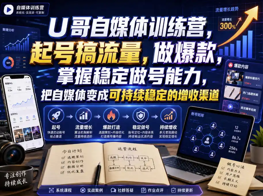 U哥自媒体训练营，起号搞流量，做爆款，掌握稳定做号能力，把自媒体变成可持续稳定的增收渠道-钱途社