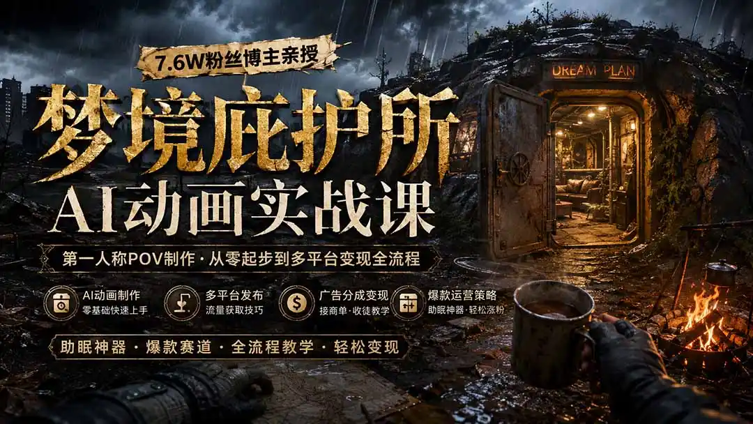 梦境庇护所AI动画实战课：7.6W粉丝博主亲授第一人称POV制作，从零起步到多平台发布变现全流程-钱途社