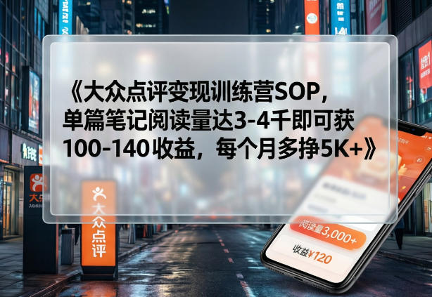 大众点评变现训练营SOP，单篇笔记阅读量达3-4千即可获100-140收益，每个月多挣5K+-钱途社