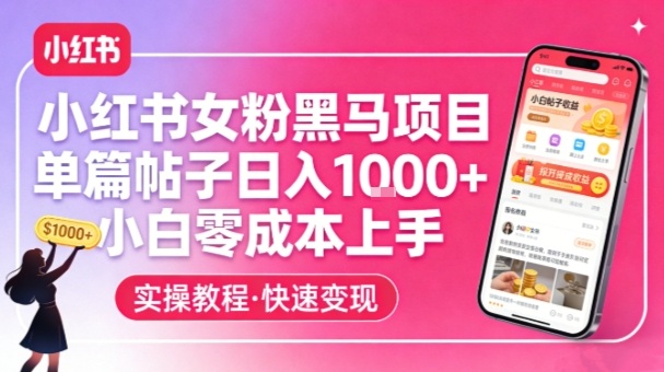 小红书女粉黑马项目,单篇帖子日入1k+,小白零成本上手-钱途社
