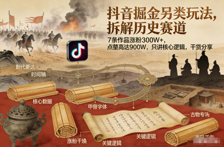 抖音掘金另类玩法,拆解历史赛道,7条作品涨粉300W+,点赞量高达900W,只讲核心逻辑,干货分享-钱途社