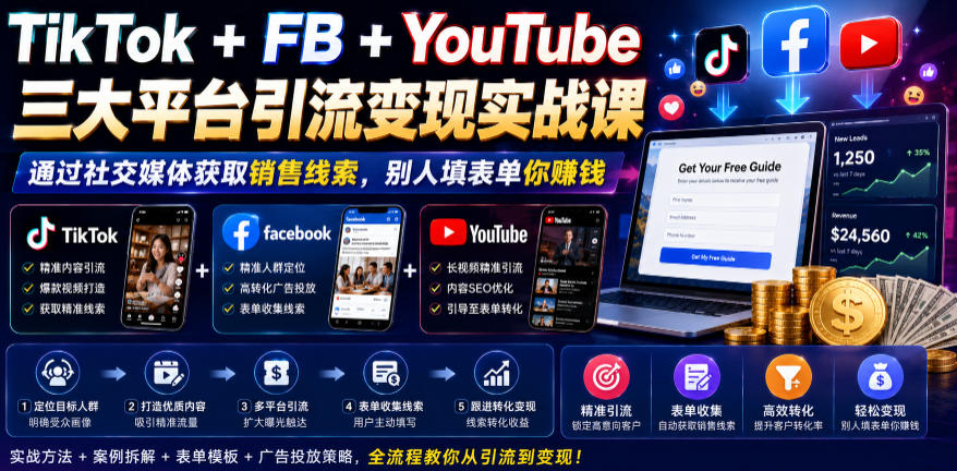 TikTok+FB+YouTube三大平台引流变现实战课，通过社交媒体获取销售线索，别人填表单你賺钱【原创双语字幕】-钱途社