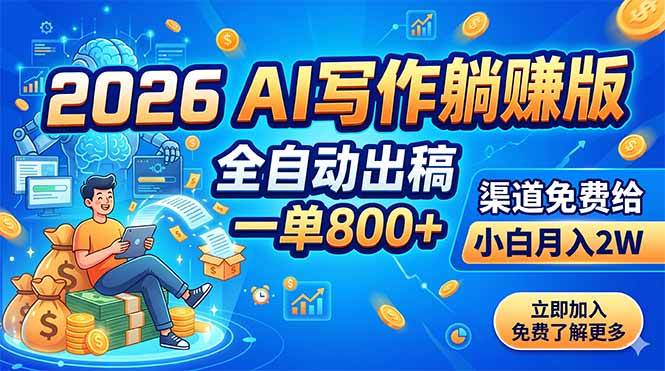 （18885期）2026 AI写作躺赚版：全自动出稿，一单800+，渠道免费给，小白月入2W-钱途社
